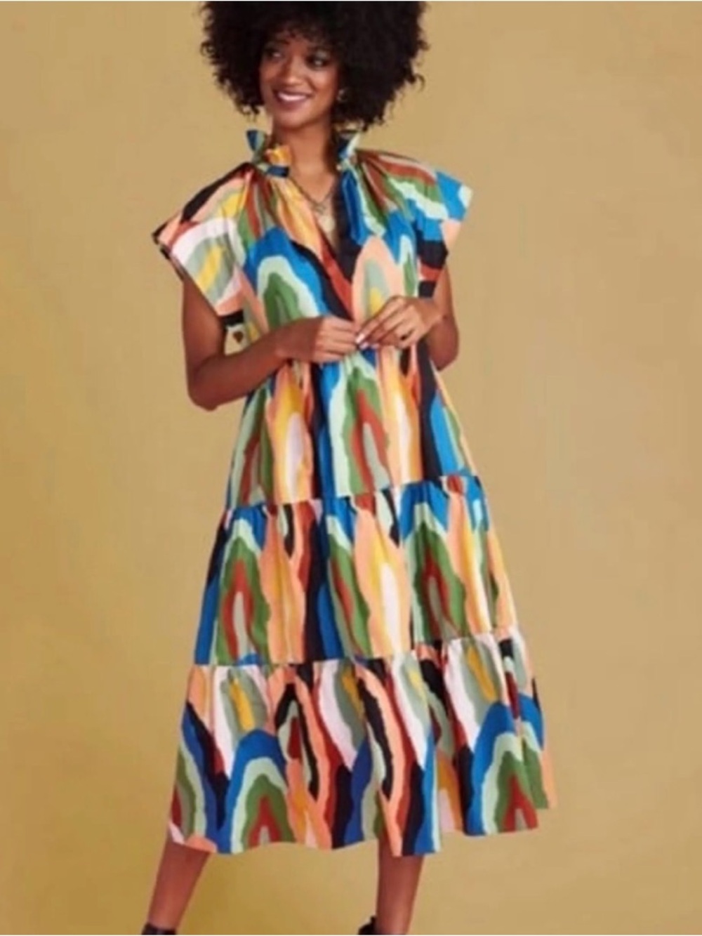 CROSBY by Mollie Burch Watts Dress Geode Print Abstract Tiered Midi Cotton - Picture 2 of 12